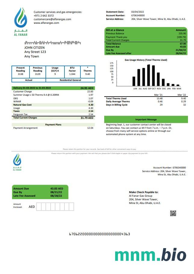 UAE Al Fanar Gas Group rachunek za media szablon w formacie Word i PDF